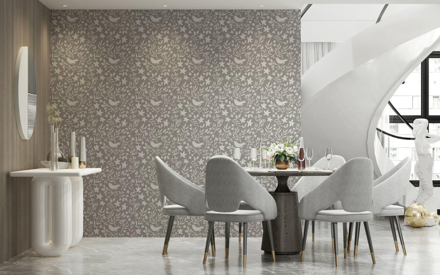 Scandinavian or Folk Bird Botanical Theme wall mural with perched birds

