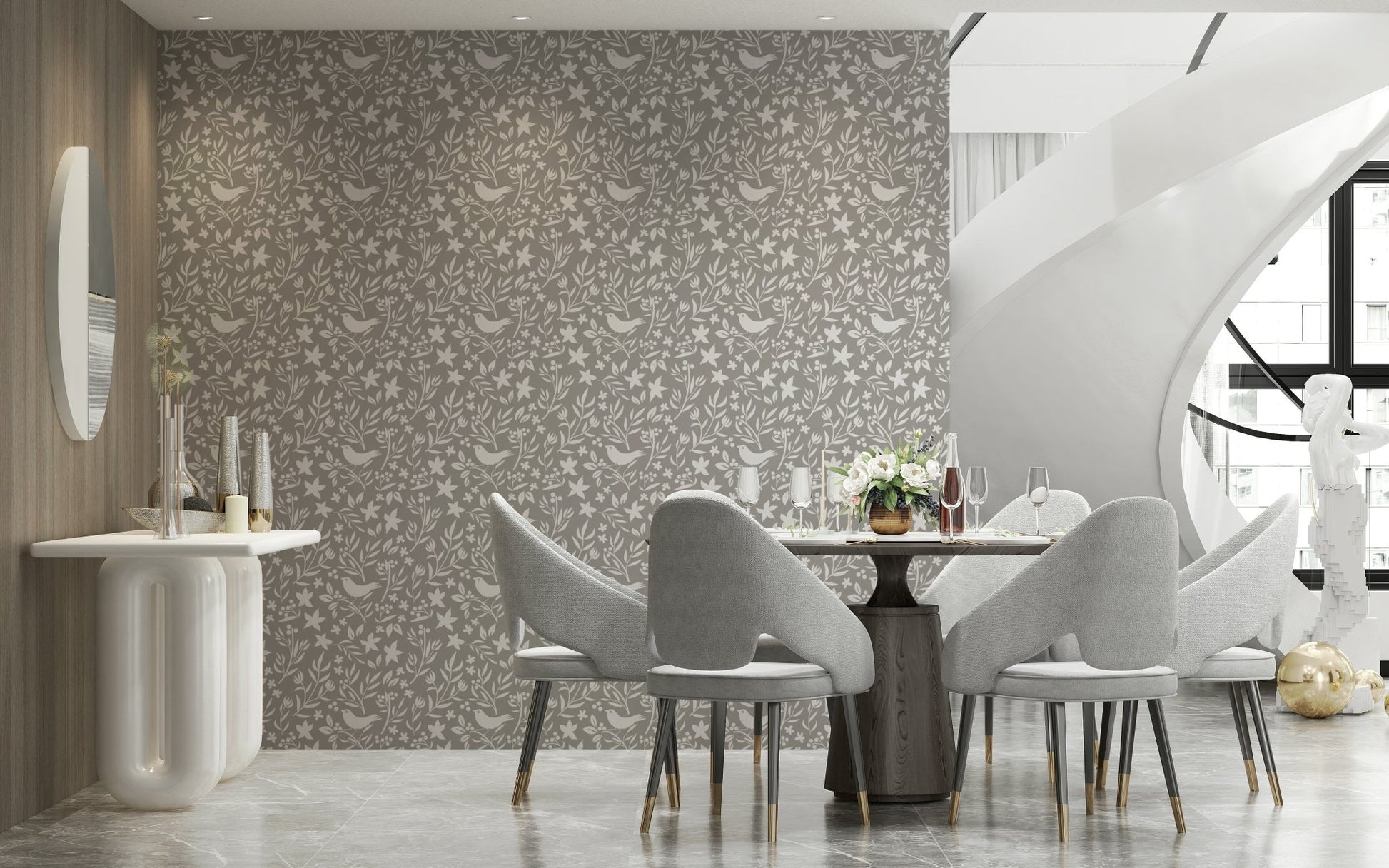 Scandinavian or Folk Bird Botanical Theme wall mural with perched birds

