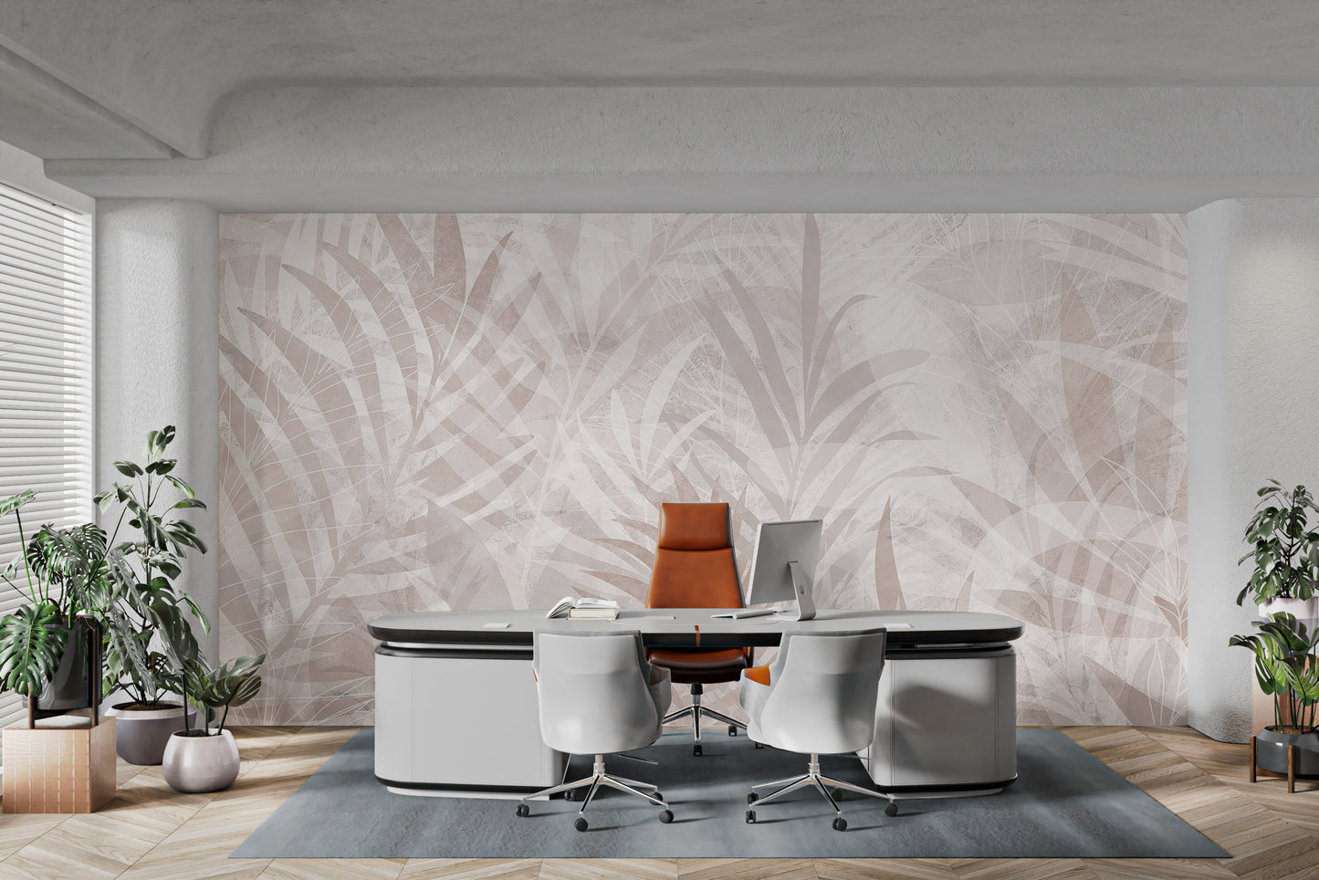 Scandinavian Leaf Elegance wallpaper mural in blush palm leaves behind a white executive desk and orange chair in a home office