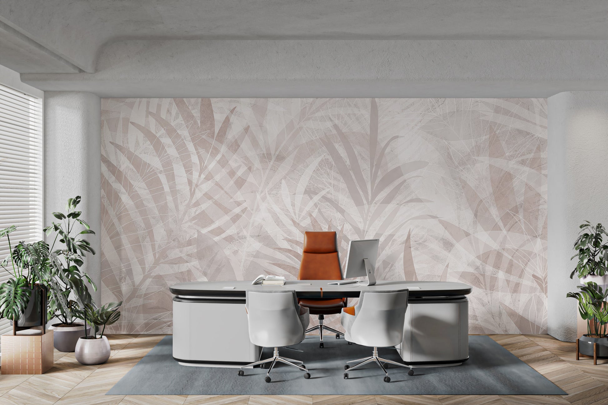 Scandinavian Leaf Elegance wallpaper mural in blush palm leaves behind a white executive desk and orange chair in a home office