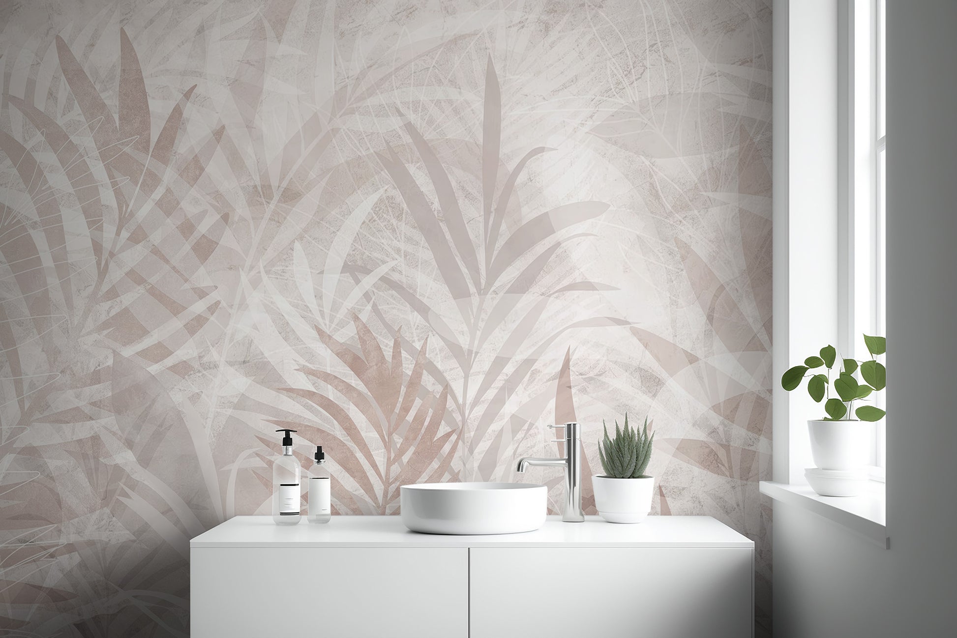 Scandinavian Leaf Elegance wallpaper mural in soft blush palm leaves behind a white vanity and round vessel sink in a bright bathroom