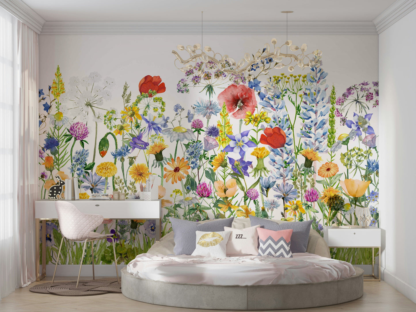 The scene includes colorful poppies and wildflowers.

