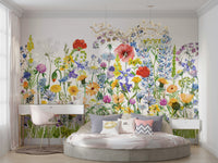 The scene includes colorful poppies and wildflowers.

