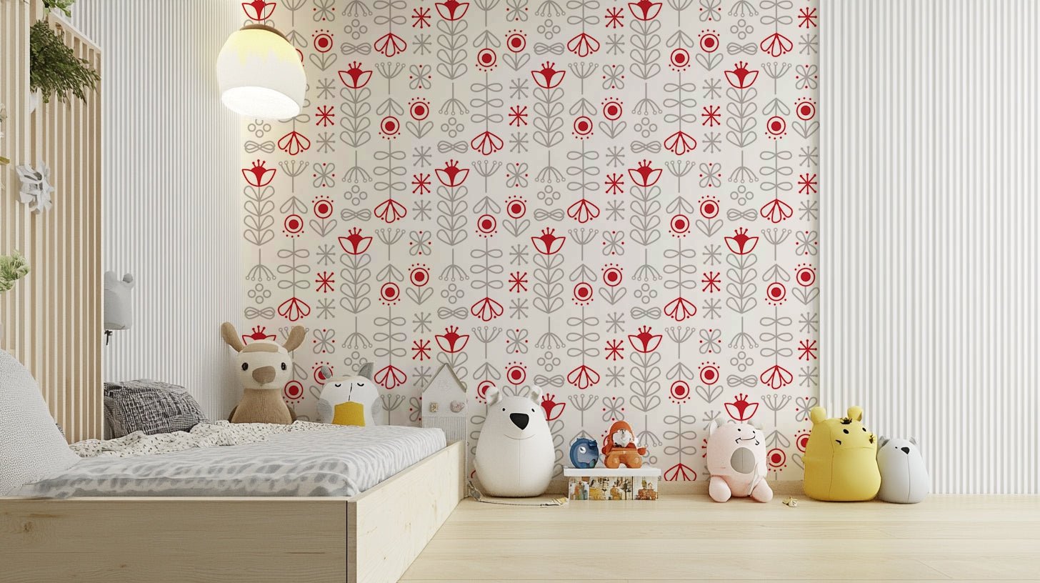 Modern floral wallpaper in red and grey Scandinavian style

