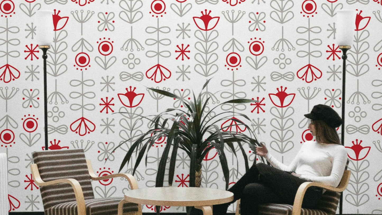 Scandinavian red and grey bloom wallpaper with floral pattern

