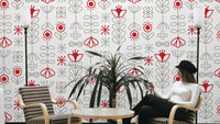 Scandinavian red and grey bloom wallpaper with floral pattern

