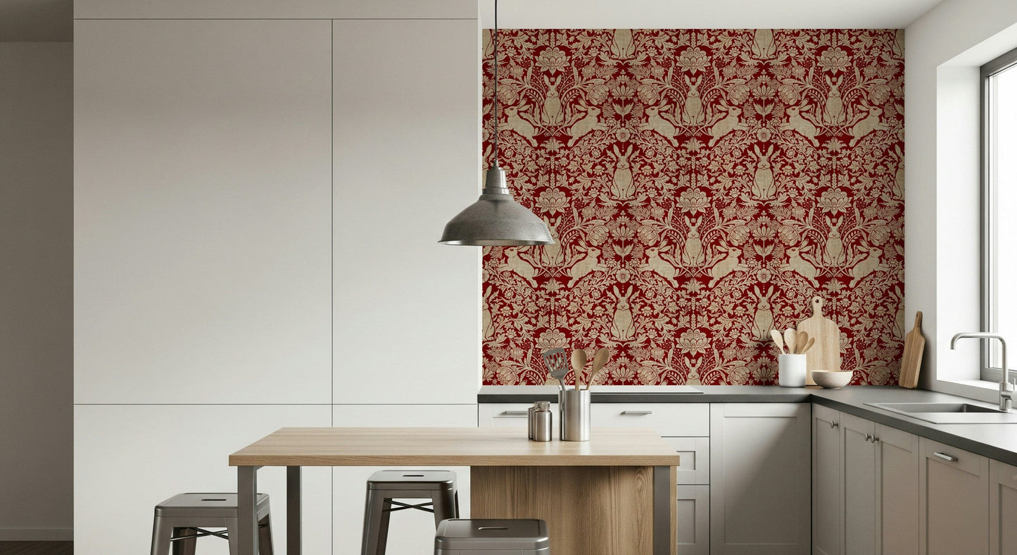 Artistic floral wallpaper with bright red blooms and a sweet bunny illustration.