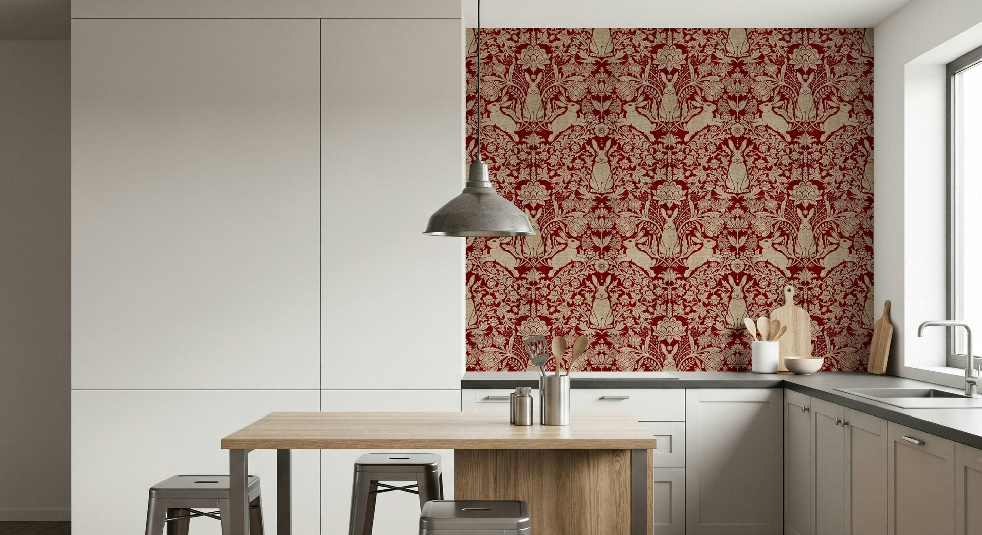 Artistic floral wallpaper with bright red blooms and a sweet bunny illustration.