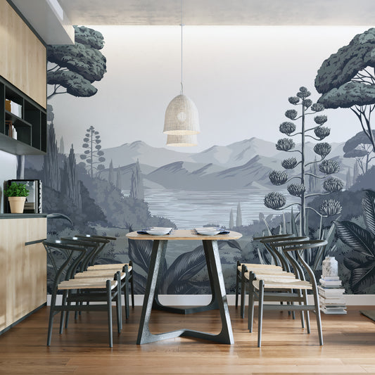 Tropical forest wallpaper mural with scenic landscape

