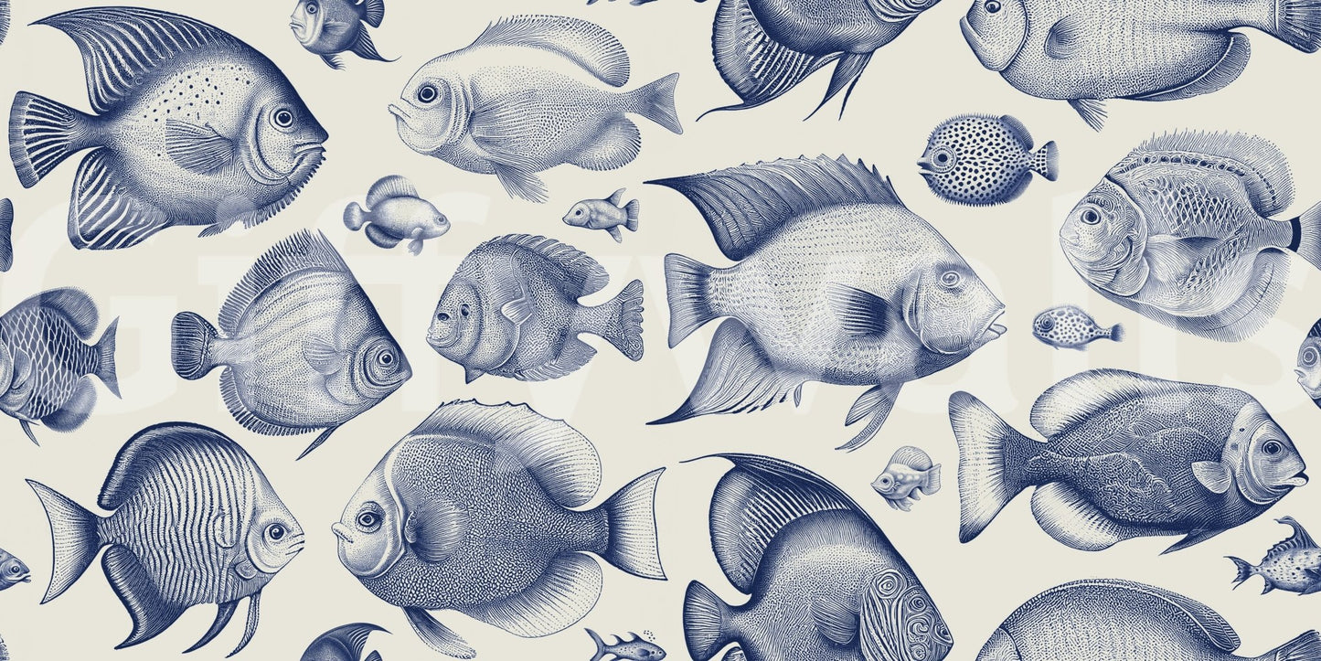Coastal-themed wallpaper with marine fish drawings

