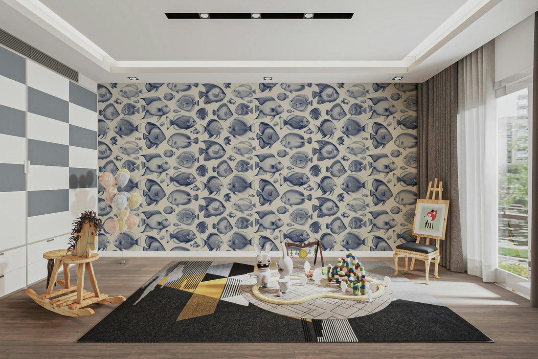 Uncanny Fish Delft Blue Wallpaper - Tropical Undersea Pattern