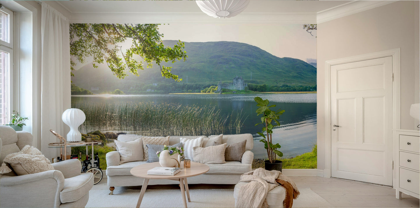A peaceful valley view mural on decorative wallpaper.

