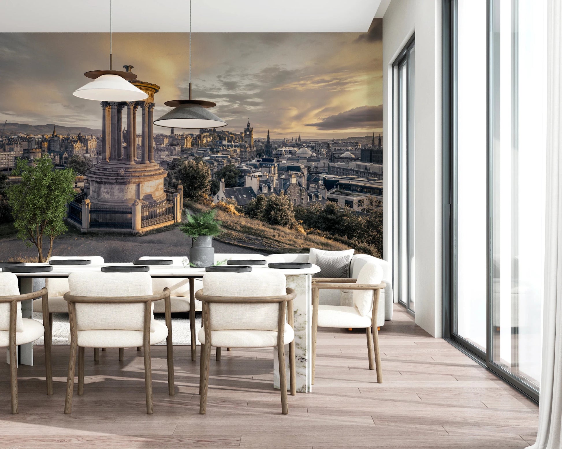 Scottish Skyline wallpaper mural of Edinburgh rooftops behind a white marble dining table by a tall window