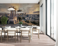 Scottish Skyline wallpaper mural of Edinburgh rooftops behind a white marble dining table by a tall window