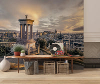 Scottish Skyline wallpaper mural of Edinburgh behind a wood entryway bench with vinyl records and baskets