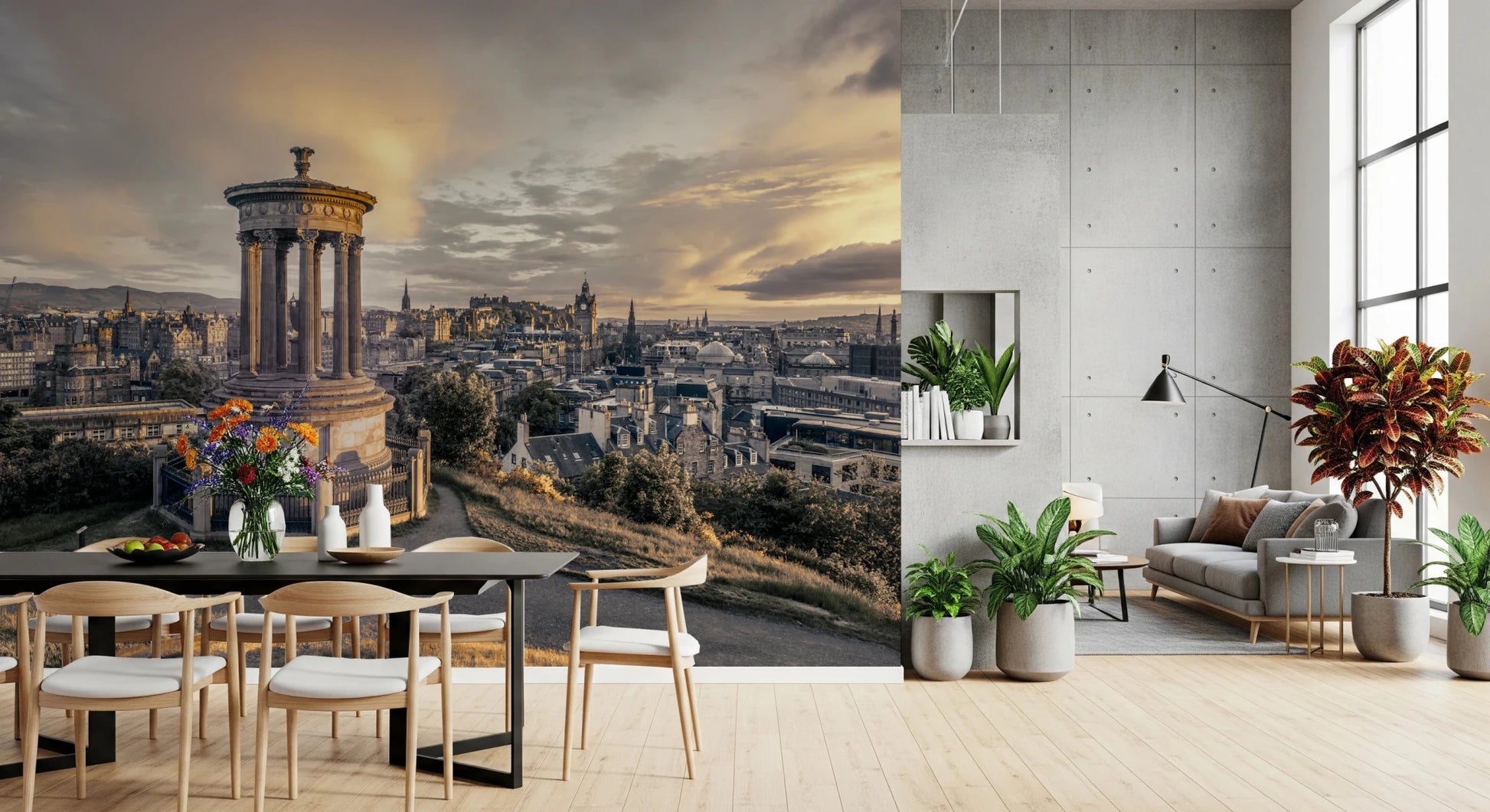 Scottish Skyline wallpaper mural of Edinburgh beside a black dining table in a concrete open-plan room