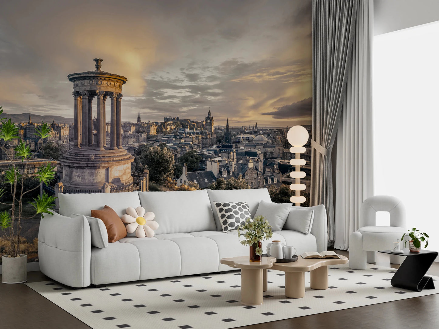 Scottish Skyline wallpaper mural of Edinburgh at dusk behind a white sofa with a bubble floor lamp