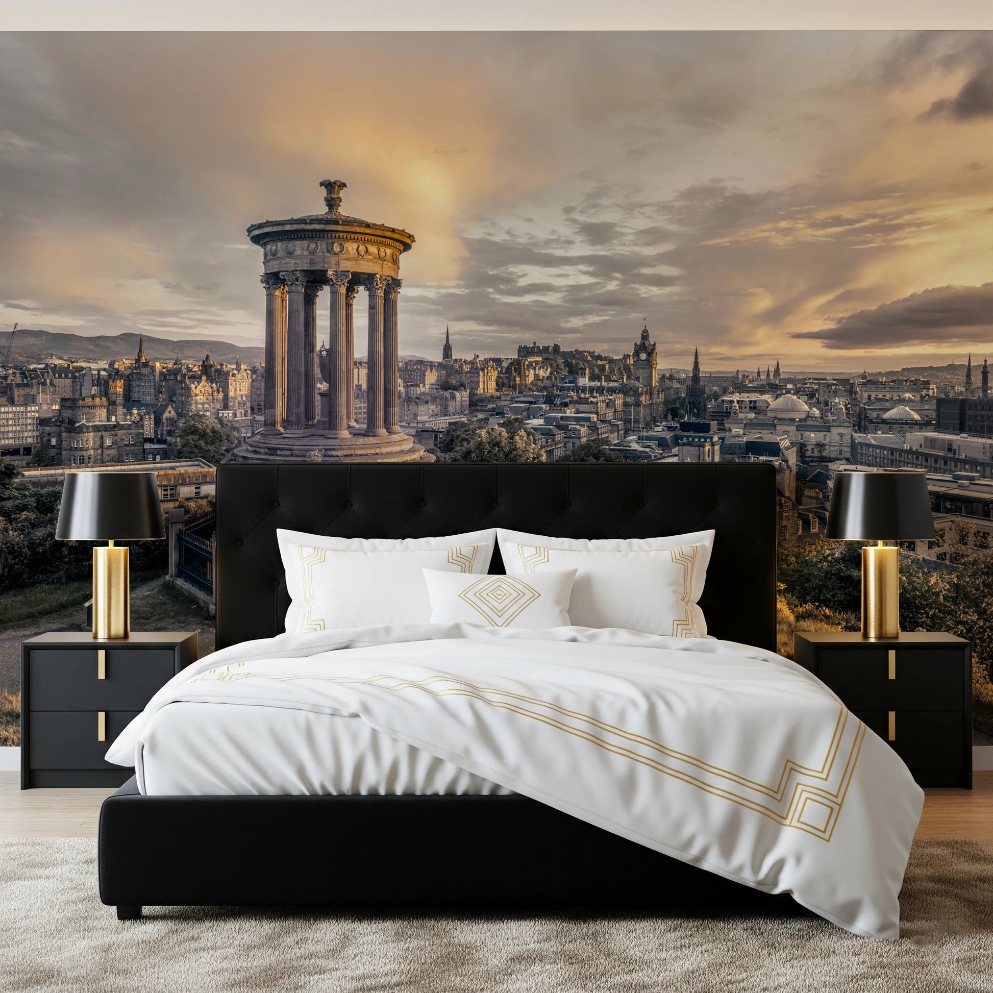 Scottish Skyline wallpaper mural of Edinburgh rooftops over a black bed with white and gold bedding