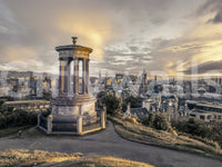 Scottish Skyline wallpaper mural full-wall view of the columned Dugald Stewart Monument over Edinburgh at sunset