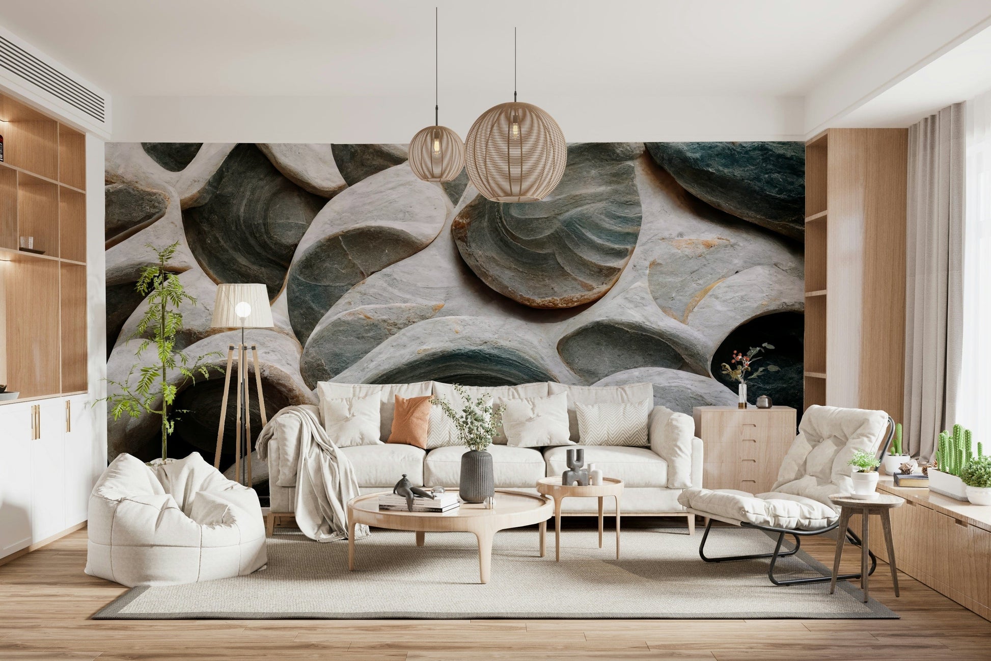 Sculpted Stone Wall Mural with textured, natural stone pattern for modern decor.