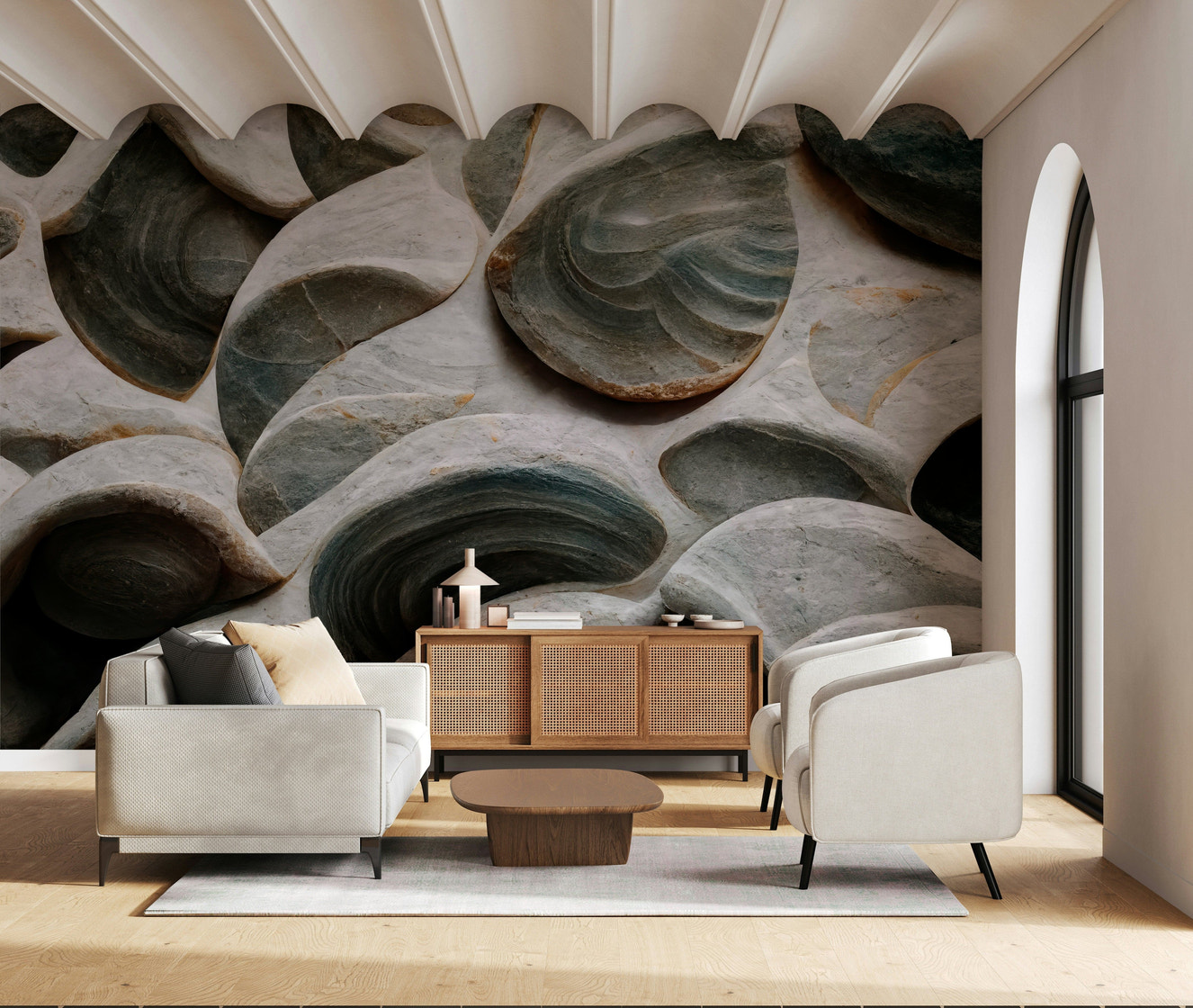 Sculpted Stone Wall Mural featuring realistic textured stone patterns for modern interiors.