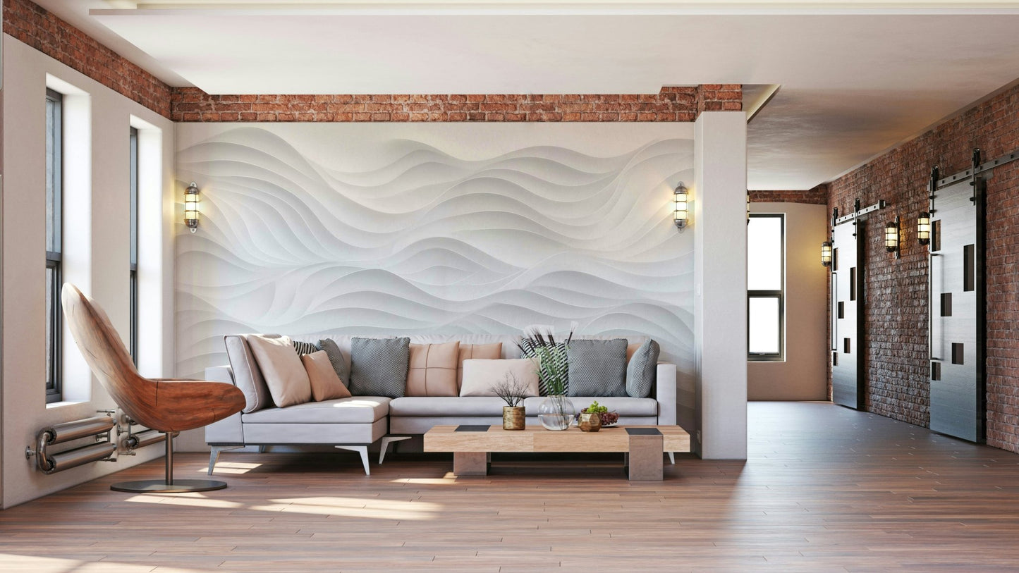 A photo-realistic wall mural with a sculpted, 3D-like pattern.

