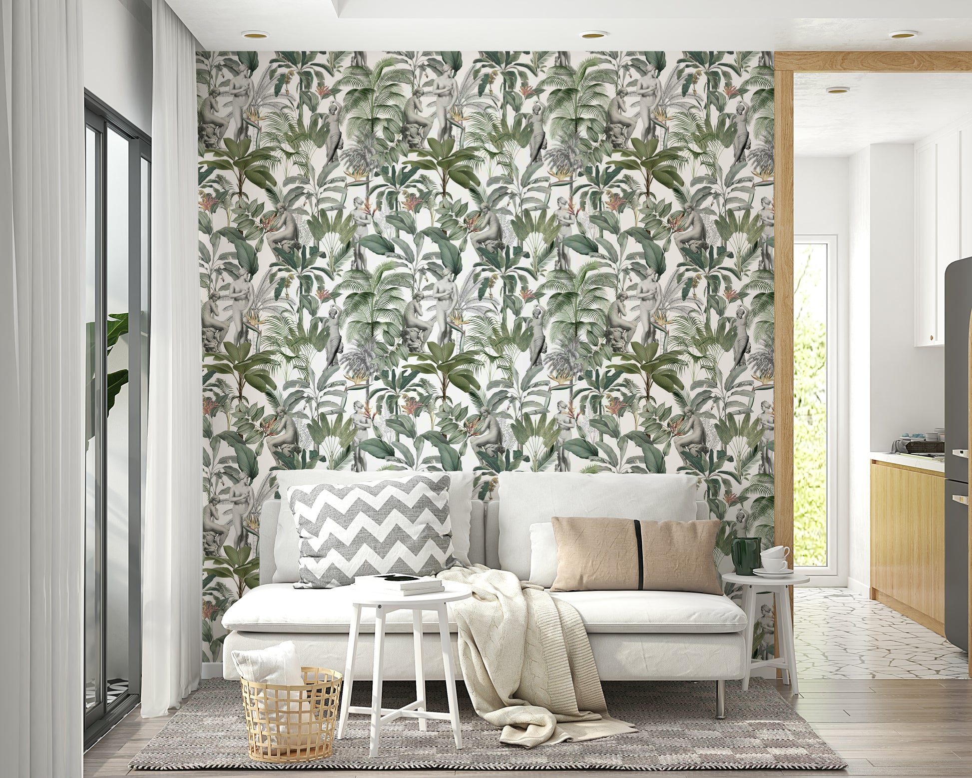 Dynamic tropical wallpaper with modern, artistic foliage details

