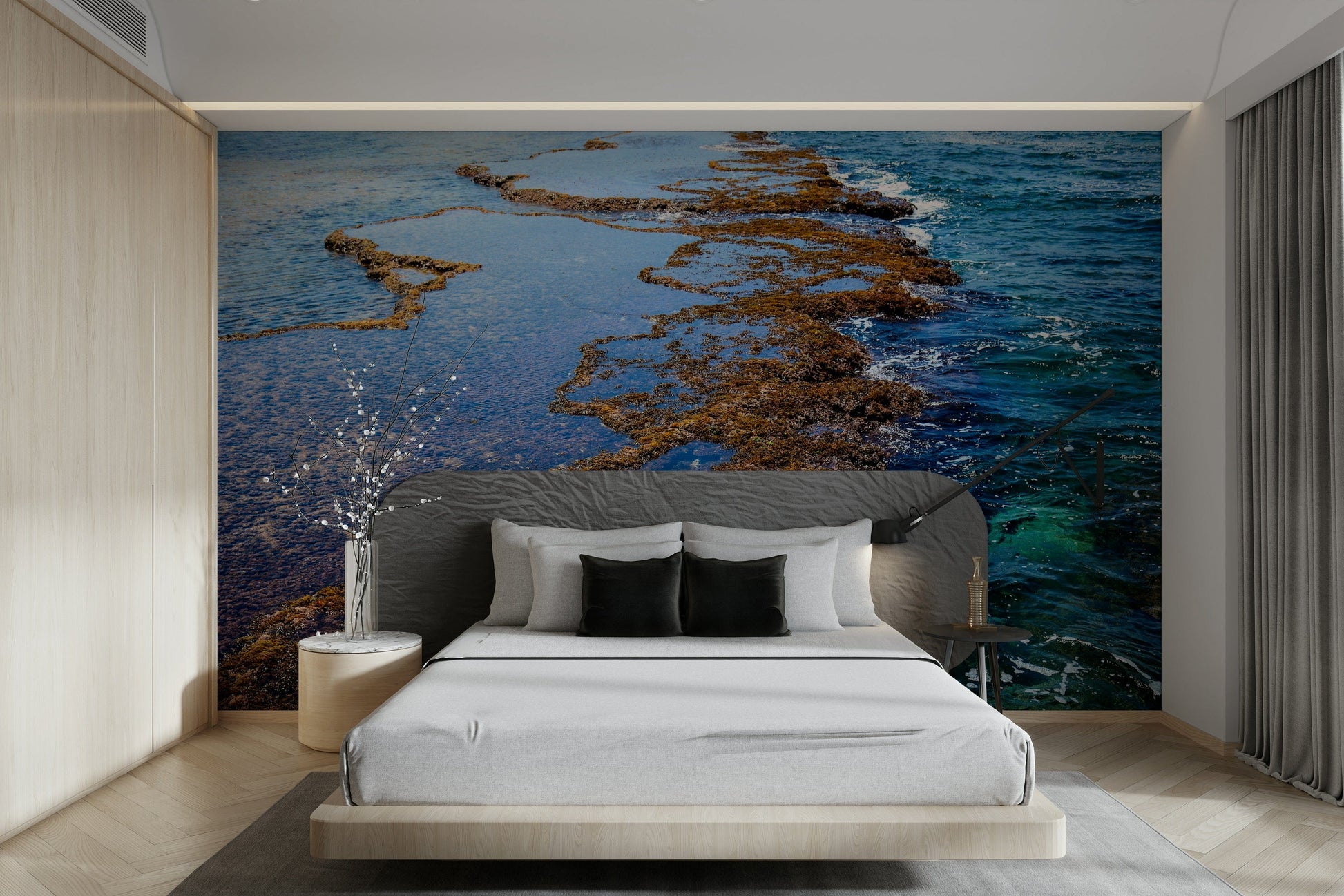 A peaceful seaside view mural on decorative wallpaper.

