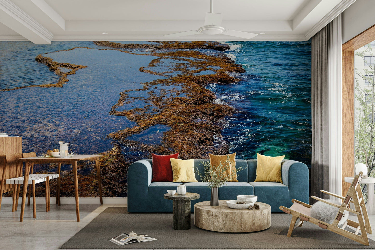 A graceful subtle wave wall mural in cool, natural tones.

