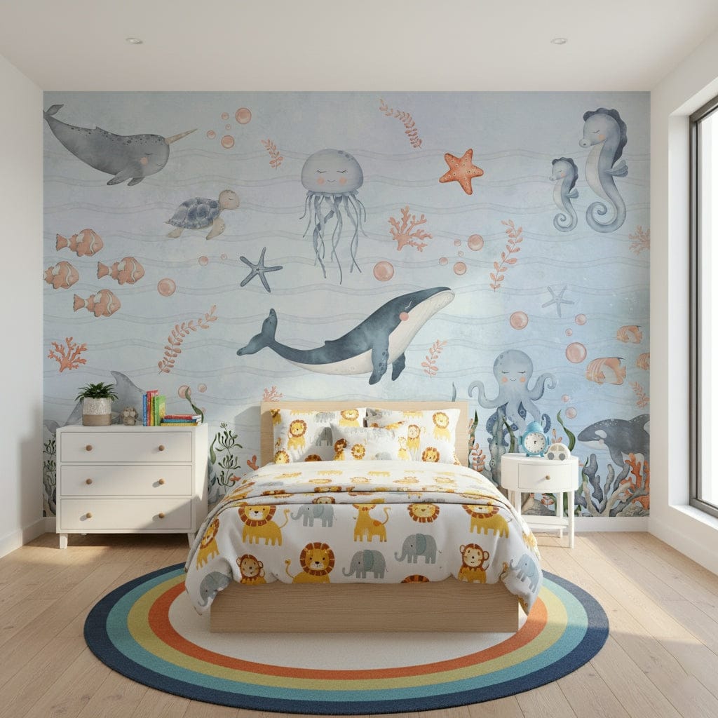 Nursery accent wall with friendly fish and coral mural, soft color, coastal kids theme