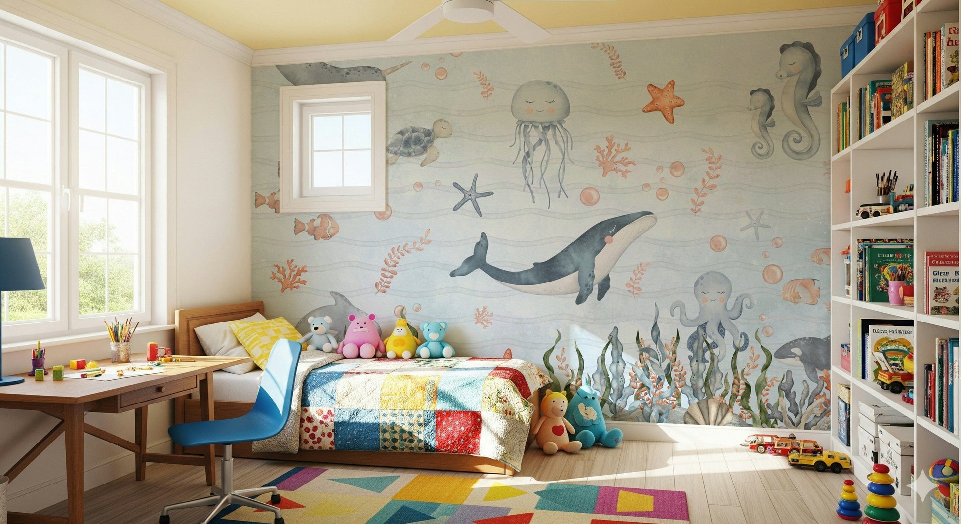 Baby nursery wallpaper mural with sea animals, modern coastal look, behind changing table