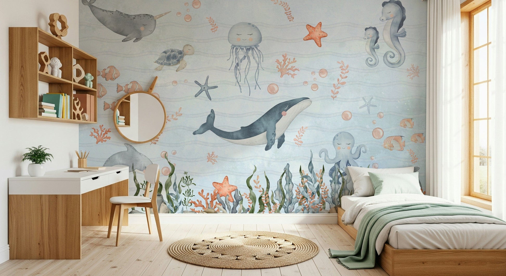 Sea Friends' Nursery Wall Mural in kids bedroom, calming blue tones, playful sea life