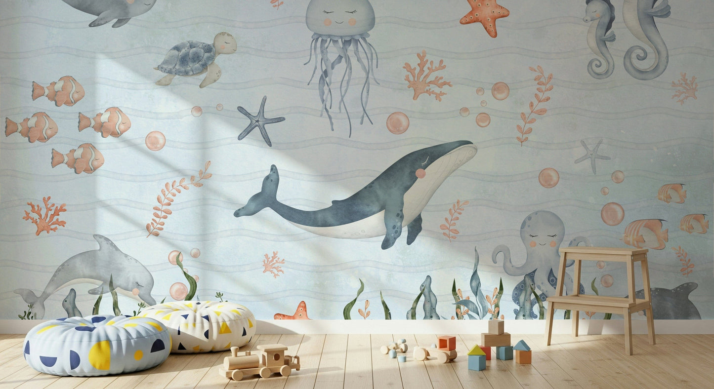 Underwater scene wall mural for toddler bedroom, soft color, friendly marine characters