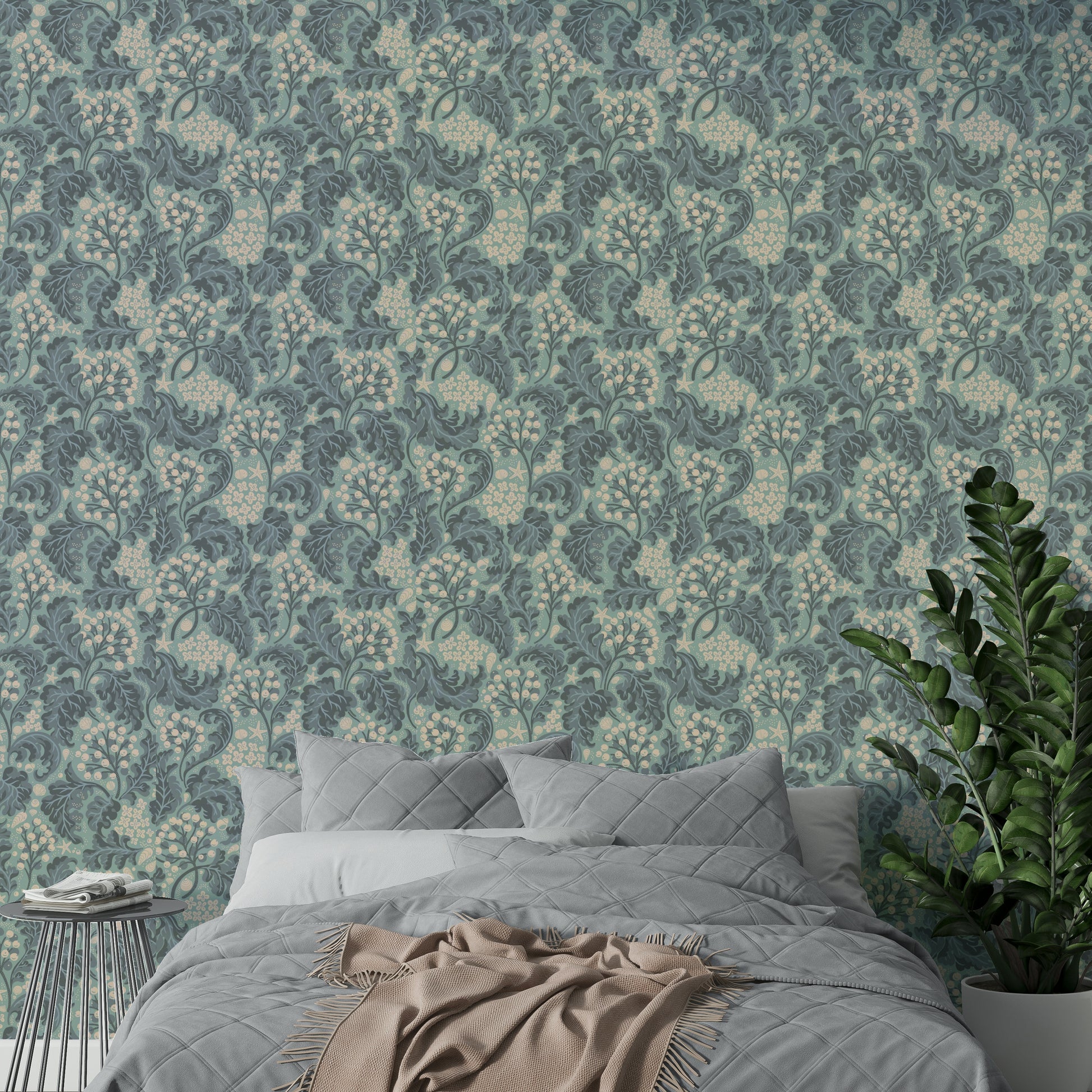 Coastal wallpaper in rich aquatic hues

