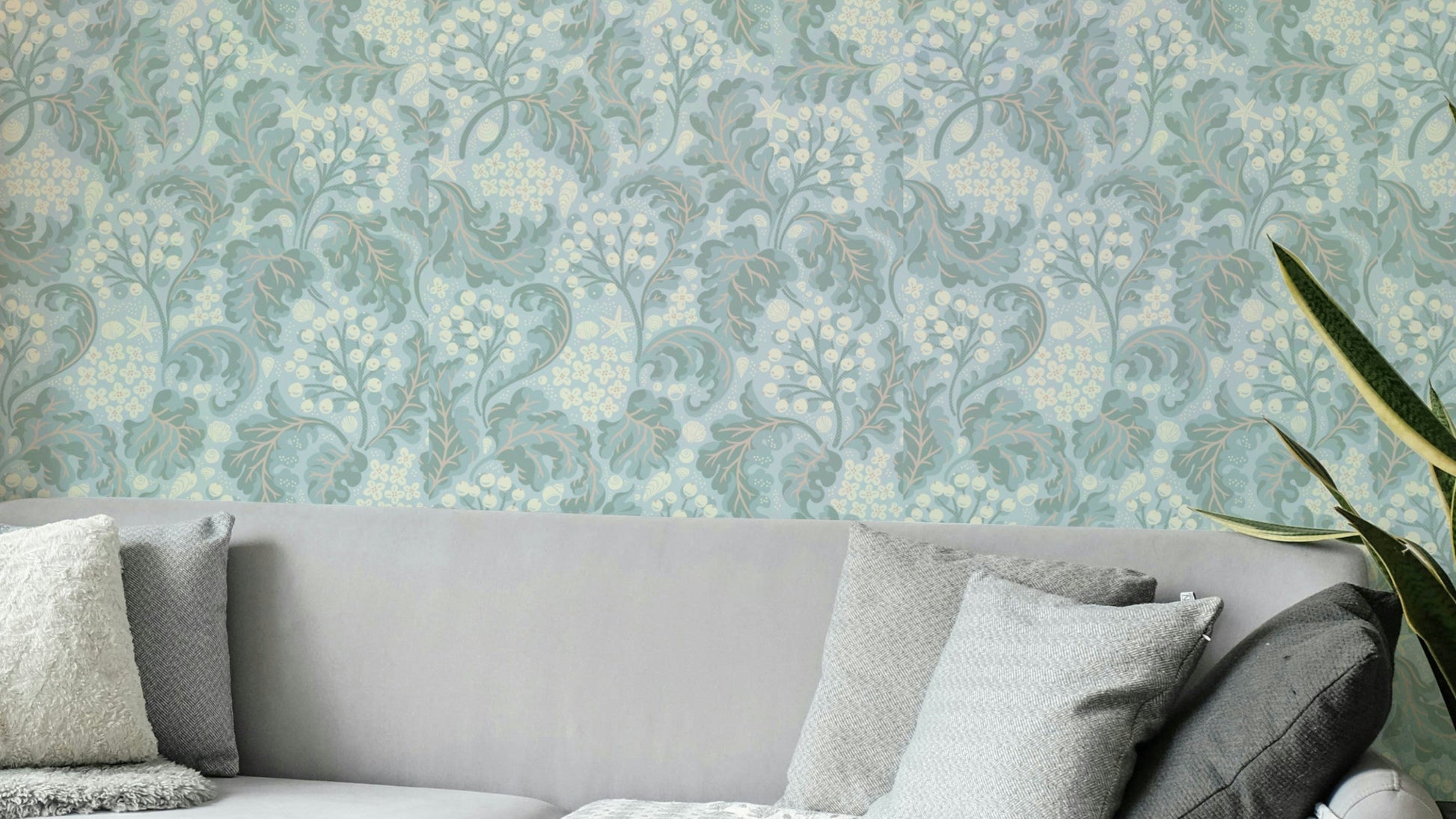 Baby blue wallpaper with sea kale botanical print


