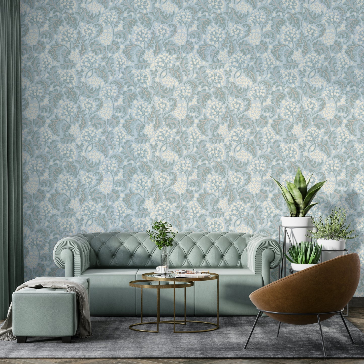 Delicate blue wallpaper featuring sea kale leaves

