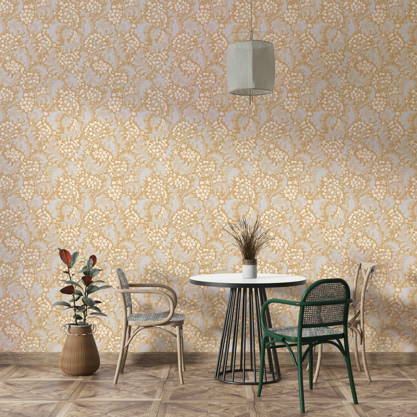 Earthy ochre wallpaper with botanical accents

