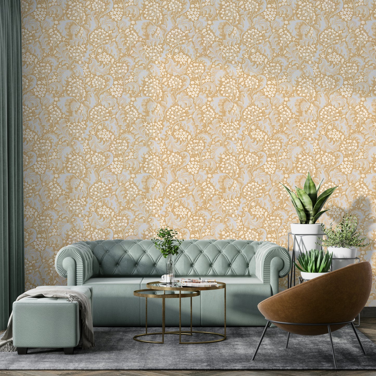 Yellow wallpaper featuring flowing sea kale leaves

