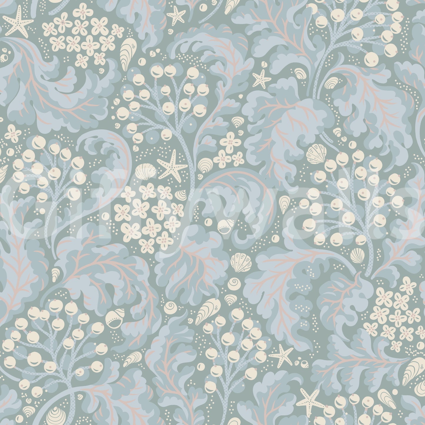 Sea Kale Pearlescent wallpaper close-up showing pale blue-grey kelp, cream berries and shells on soft sage