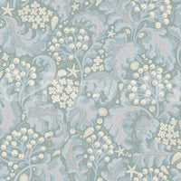 Sea Kale Pearlescent wallpaper close-up showing pale blue-grey kelp, cream berries and shells on soft sage