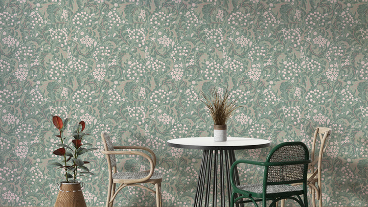 Sea kale botanical wallpaper in rhubarb green

