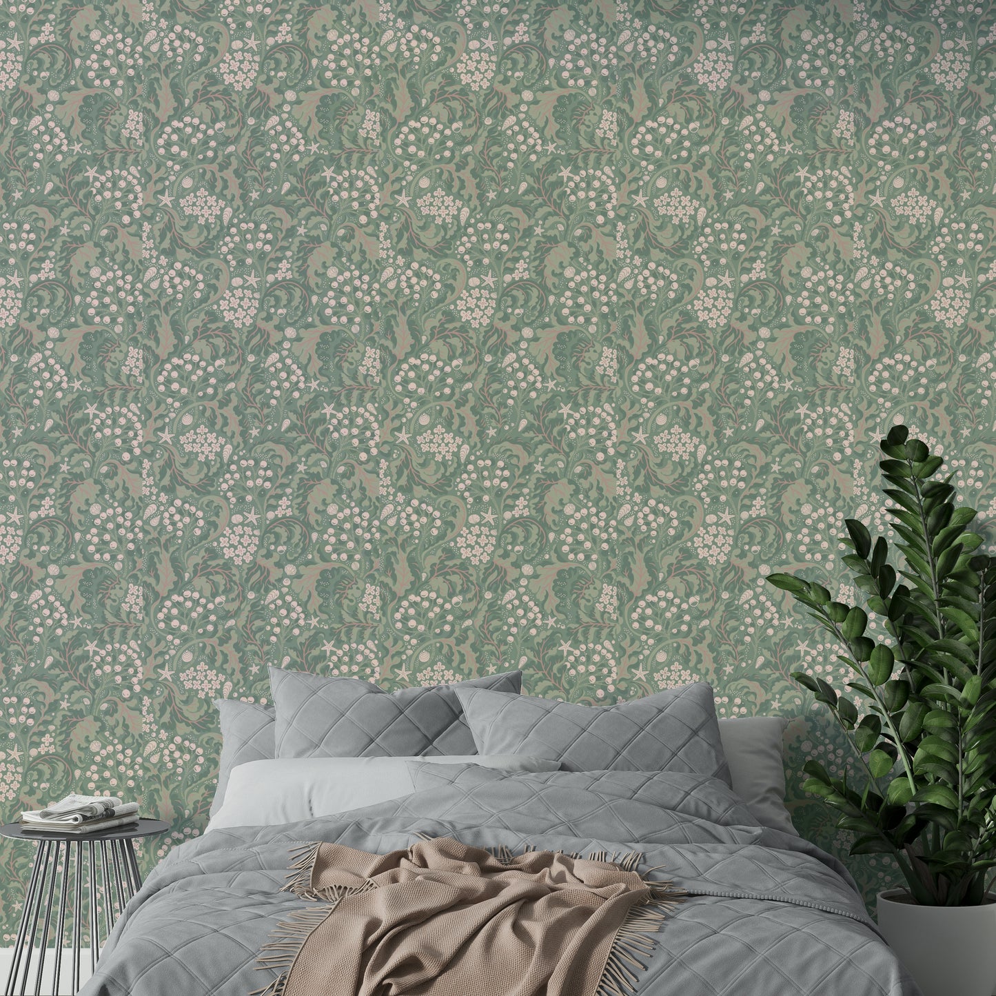 Botanical wallpaper with rhubarb-toned greenery

