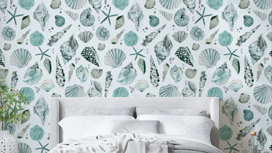 Sea Shells Coastal Summer Blue Wallpaper with soft ocean blue shells.

