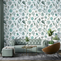 Blue seashell mural perfect for bathrooms and seaside décor.

