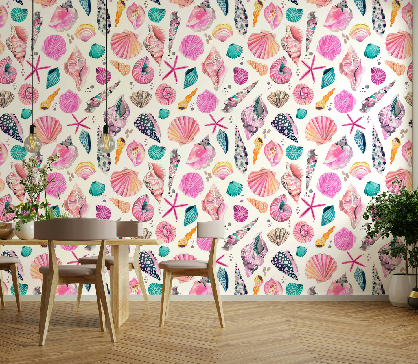 Light and airy wallpaper with detailed seashell patterns.

