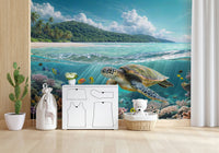 Sea turtle wall mural for nursery, gentle ocean colours, nature-led styling