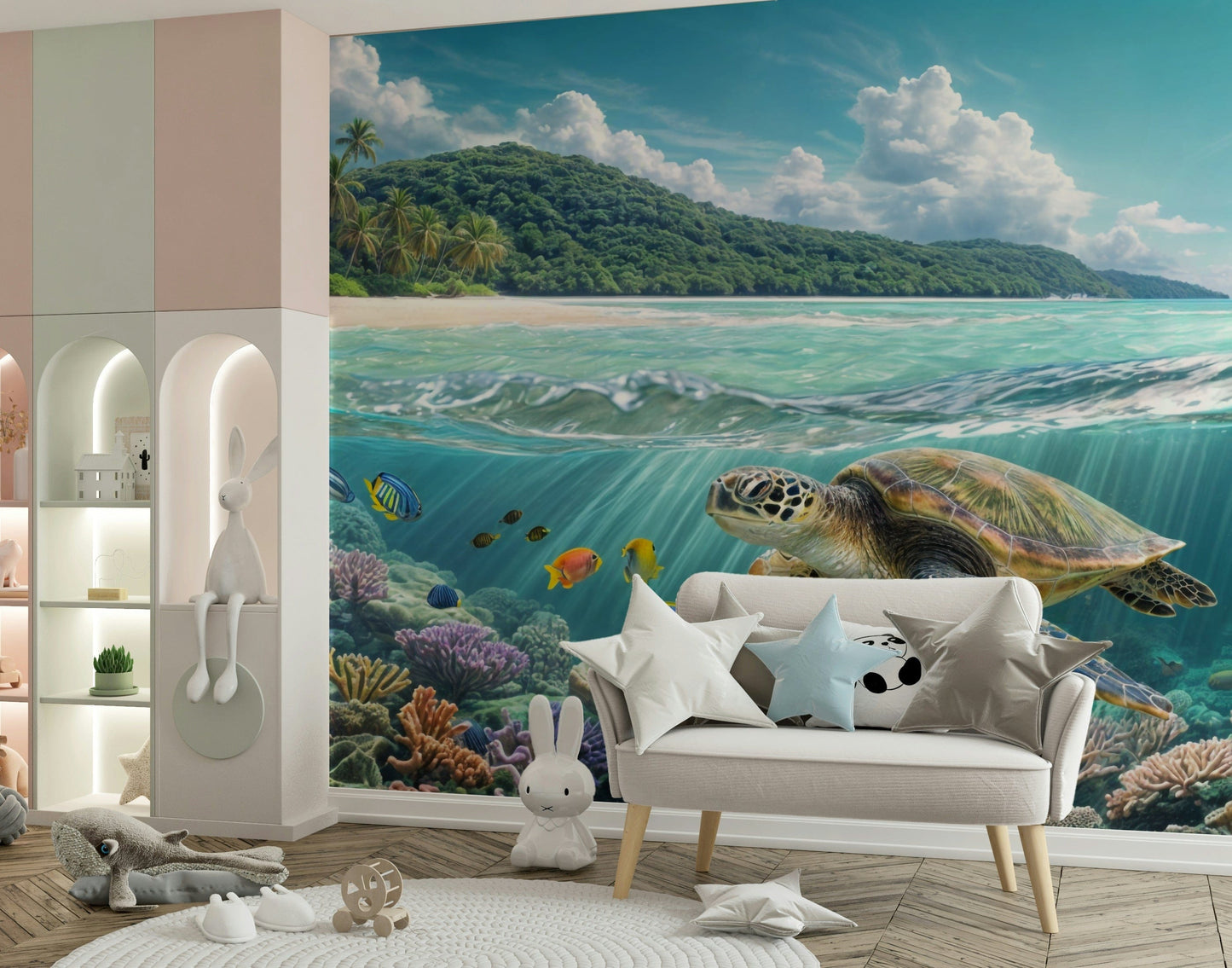 Sea turtle and coral mural in dining area, bright ocean colours, statement wall