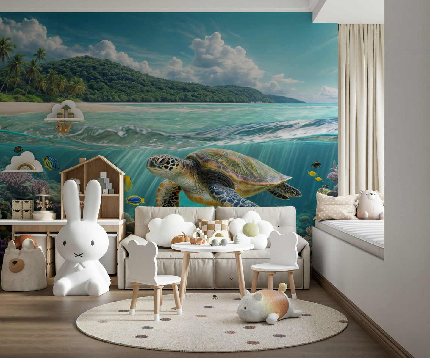 Underwater sea turtle mural behind sofa, teal and aqua tones, modern home styling