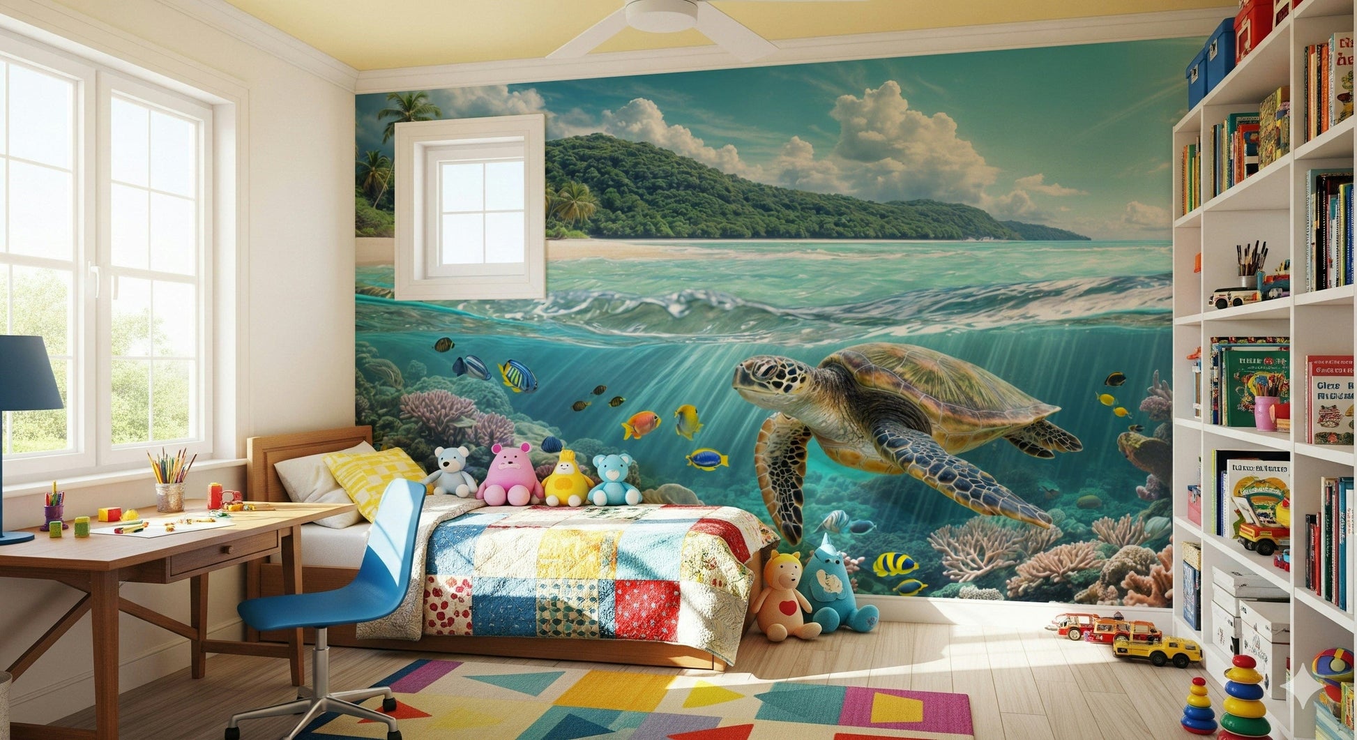 Tropical underwater turtle mural in lounge, aqua tones, feature wall backdrop