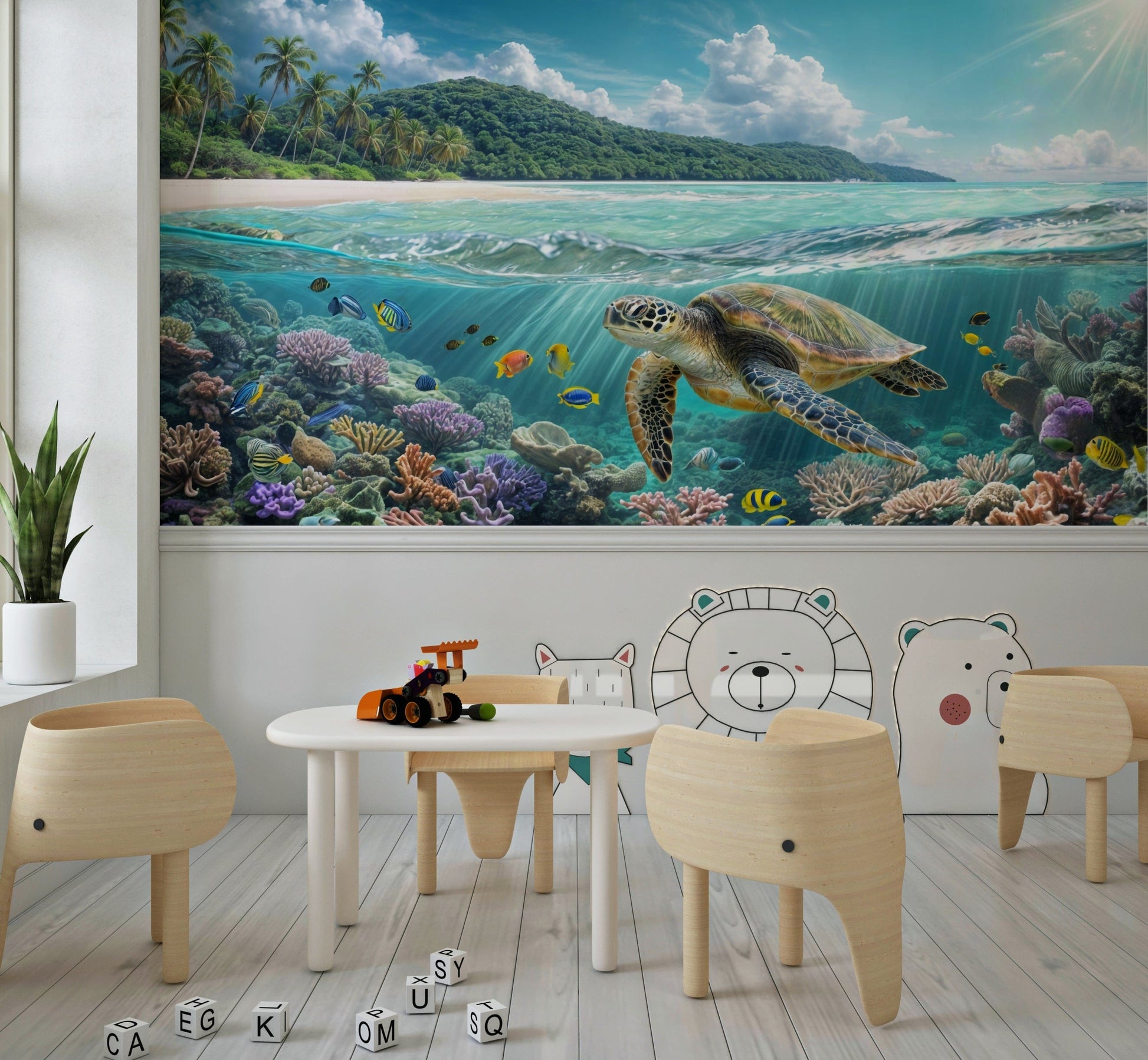 Underwater turtle wallpaper mural for hallway, soft blues, coastal home styling